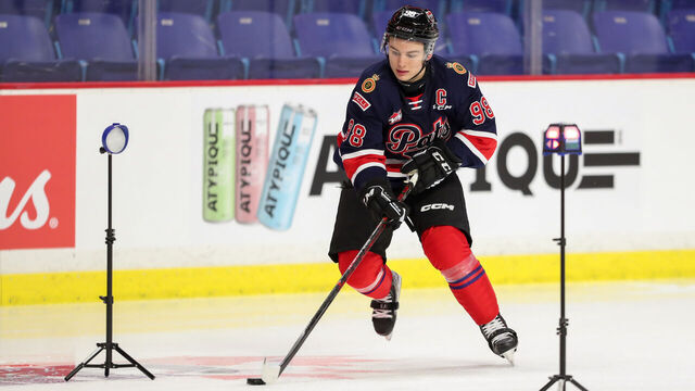 LANGLEY, BRITISH COLUMBIA - JANUARY 24: Forward Connor Bedard #98 of the Regina Pats skates for Team Red during the 2023 Kubota CHL Top Prospects Game Practice at the Langley Events Centre on January 24, 2023 in Langley, British Columbia.