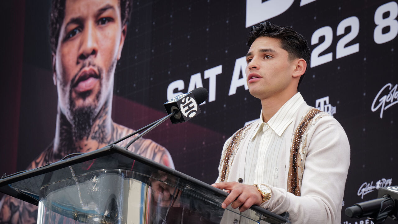 BEVERLY HILLS, CALIFORNIA - MARCH 09: Ryan Garcia speaks to the press about his fight with Gervonta Davis during a news conference at The Beverly Hilton on March 09, 2023 in Beverly Hills, California.