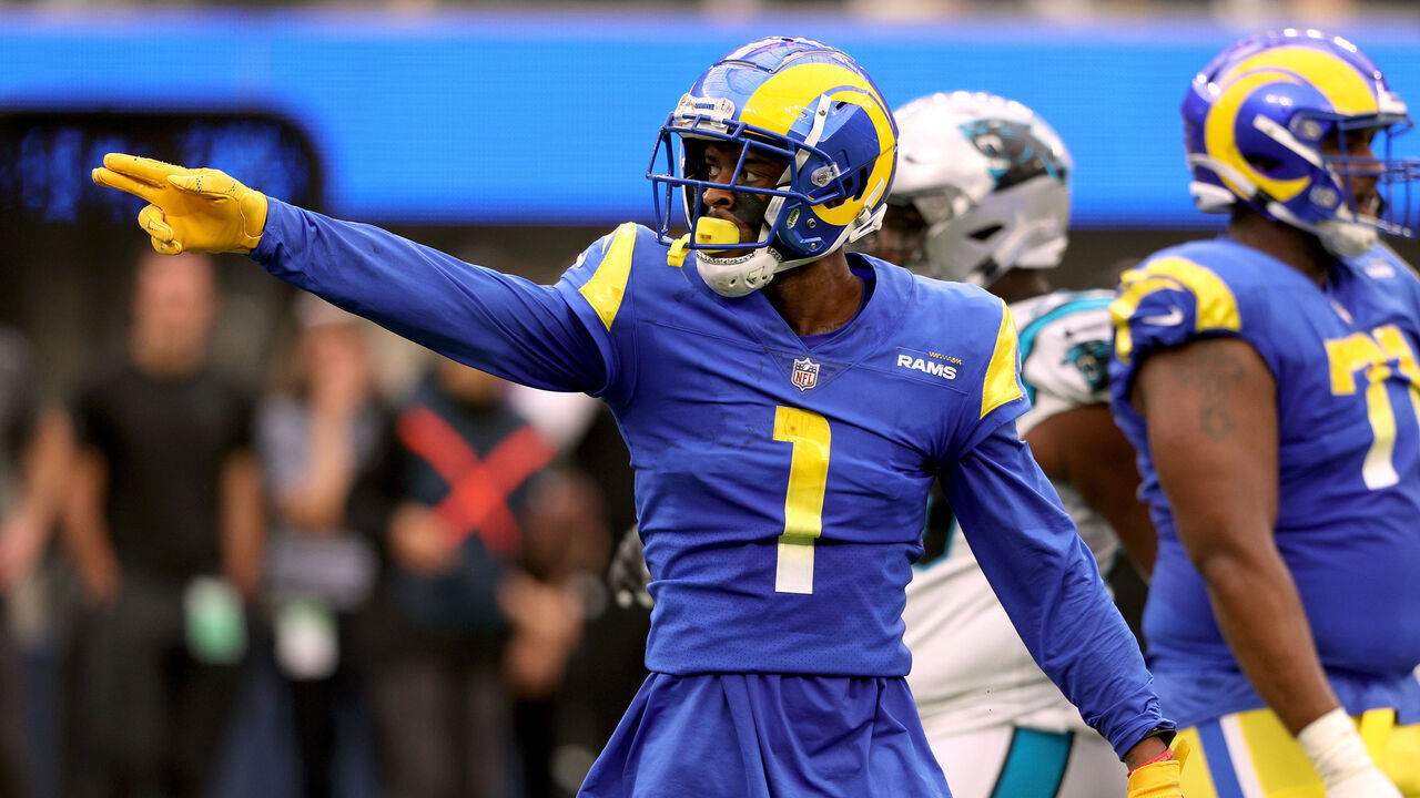 INGLEWOOD, CALIFORNIA - OCTOBER 16: Allen Robinson II #1 of the Los Angeles Rams celebrates his catch for a first down during a 24-10 win over the Carolina Panthers at SoFi Stadium on October 16, 2022 in Inglewood, California.