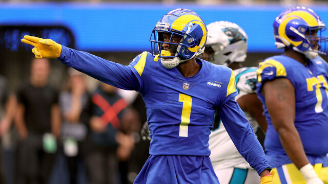 INGLEWOOD, CALIFORNIA - OCTOBER 16: Allen Robinson II #1 of the Los Angeles Rams celebrates his catch for a first down during a 24-10 win over the Carolina Panthers at SoFi Stadium on October 16, 2022 in Inglewood, California.