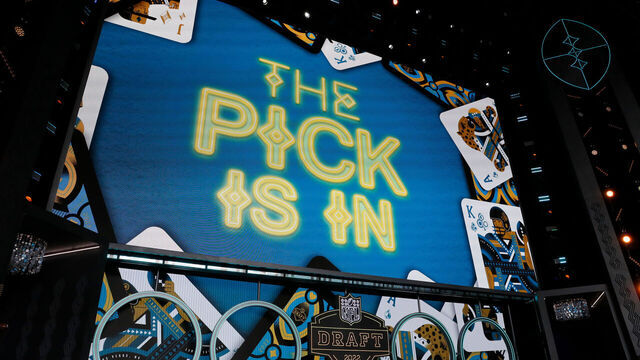 LAS VEGAS, NV - APRIL 28: The Jacksonville Jaguars first pick is in during the NFL Draft on April 28, 2022 in Las Vegas, Nevada.