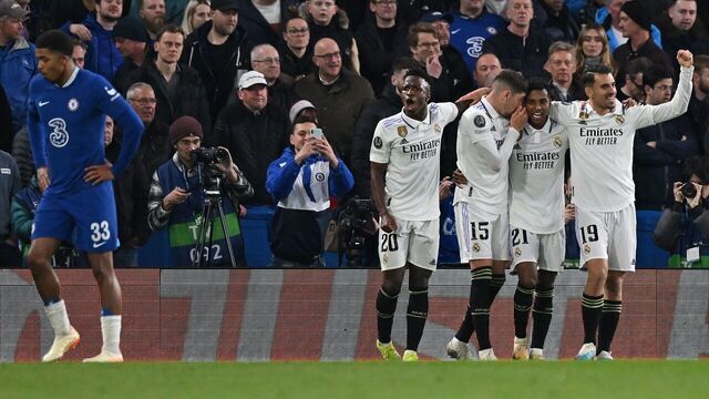 Real Madrid's Brazilian striker Rodrygo Goes (2R) celebrates scoring the team's second goal during the Champions League quarter-final second-leg football match between Chelsea and Real Madrid at Stamford Bridge in London on April 18, 2023.