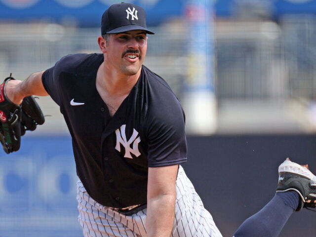 Tampa, FL: New York Yankees' Carlos Rodon throws live batting practice during day three of spring training at George M. Steinbrenner field in Tampa, Florida on Feb. 17, 2023.