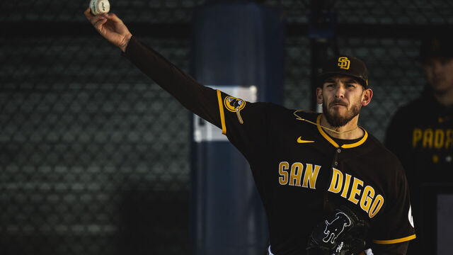 PEORIA, AZ - FEBRUARY 15: Joe Musgrove #44 of the San Diego Padres throws a bullpen session during the daily workout at the Peoria Sports Complex on February 15, 2023 in Peoria, Arizona. ***Local Caption***