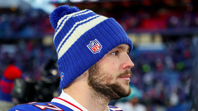 ORCHARD PARK, NEW YORK - JANUARY 15: Josh Allen #17 of the Buffalo Bills looks on after defeating the Miami Dolphins 34-31 in the AFC Wild Card playoff game at Highmark Stadium on January 15, 2023 in Orchard Park, New York.