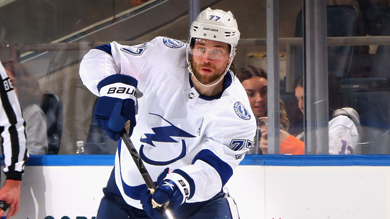ELMONT, NEW YORK - APRIL 06: Victor Hedman #77 of the Tampa Bay Lightning skates against the New York Islanders at the UBS Arena on April 06, 2023 in Elmont, New York.