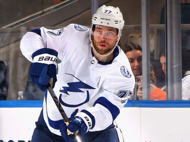 ELMONT, NEW YORK - APRIL 06: Victor Hedman #77 of the Tampa Bay Lightning skates against the New York Islanders at the UBS Arena on April 06, 2023 in Elmont, New York.