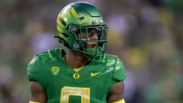 EUGENE, OR - OCTOBER 01: Defensive back Christian Gonzalez #0 of the Oregon Ducks stands on the field during the first half at Autzen Stadium on October 1, 2022 in Eugene, Oregon.