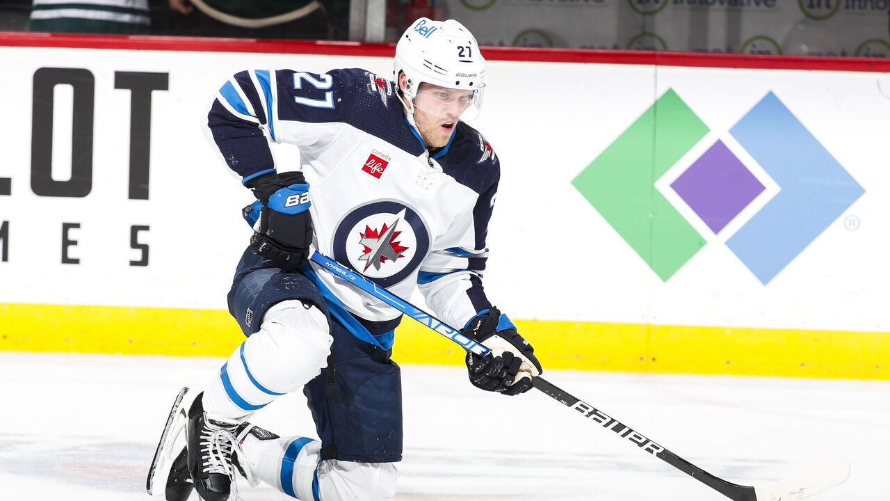 ST. PAUL, MN - APRIL 11: Nikolaj Ehlers #27 of the Winnipeg Jets skates in the third period of the game against the Minnesota Wild at Xcel Energy Center on April 11, 2023 in St. Paul, Minnesota.