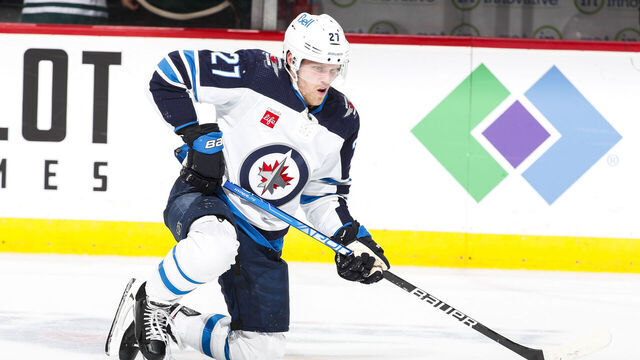 ST. PAUL, MN - APRIL 11: Nikolaj Ehlers #27 of the Winnipeg Jets skates in the third period of the game against the Minnesota Wild at Xcel Energy Center on April 11, 2023 in St. Paul, Minnesota.
