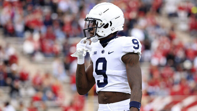 BLOOMINGTON, INDIANA - NOVEMBER 05: Joey Porter Jr. #9 of the Penn State Nittany Lions on the field in the game against the Indiana Hoosiers at Memorial Stadium on November 05, 2022 in Bloomington, Indiana.