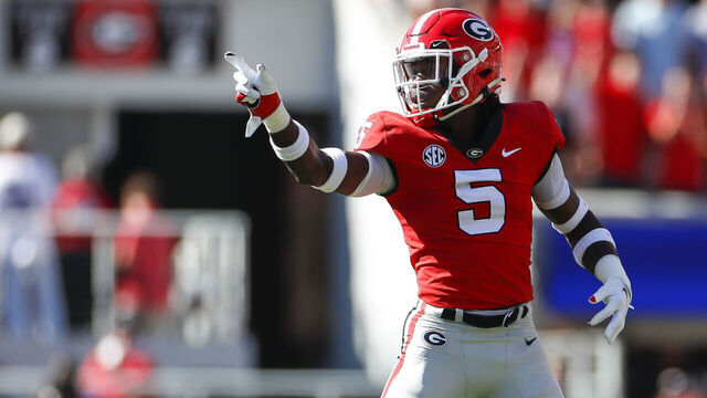 ATHENS, GA - OCTOBER 08: Georgia Bulldogs defensive back Kelee Ringo (5) in a defensive stance during a college football game between the Auburn Tigers and the Georgia Bulldogs on October 8, 2022 at Sanford Stadium in Athens, GA.