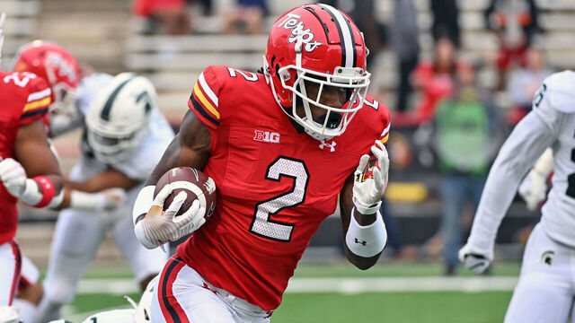 COLLEGE PARK, MD - OCTOBER 01:tMaryland Terrapins defensive back Jakorian Bennett (2) fields punt against Michigan State Spartans cornerback Justin White (30) during the Michigan State Spartans game versus the Maryland Terrapins on October 1, 2022 at SECU Stadium in College Park, MD.