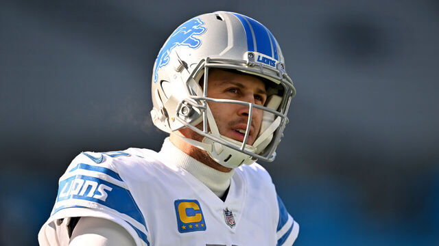 CHARLOTTE, NORTH CAROLINA - DECEMBER 24: Jared Goff #16 of the Detroit Lions looks on against the Carolina Panthers during the first half at Bank of America Stadium on December 24, 2022 in Charlotte, North Carolina.