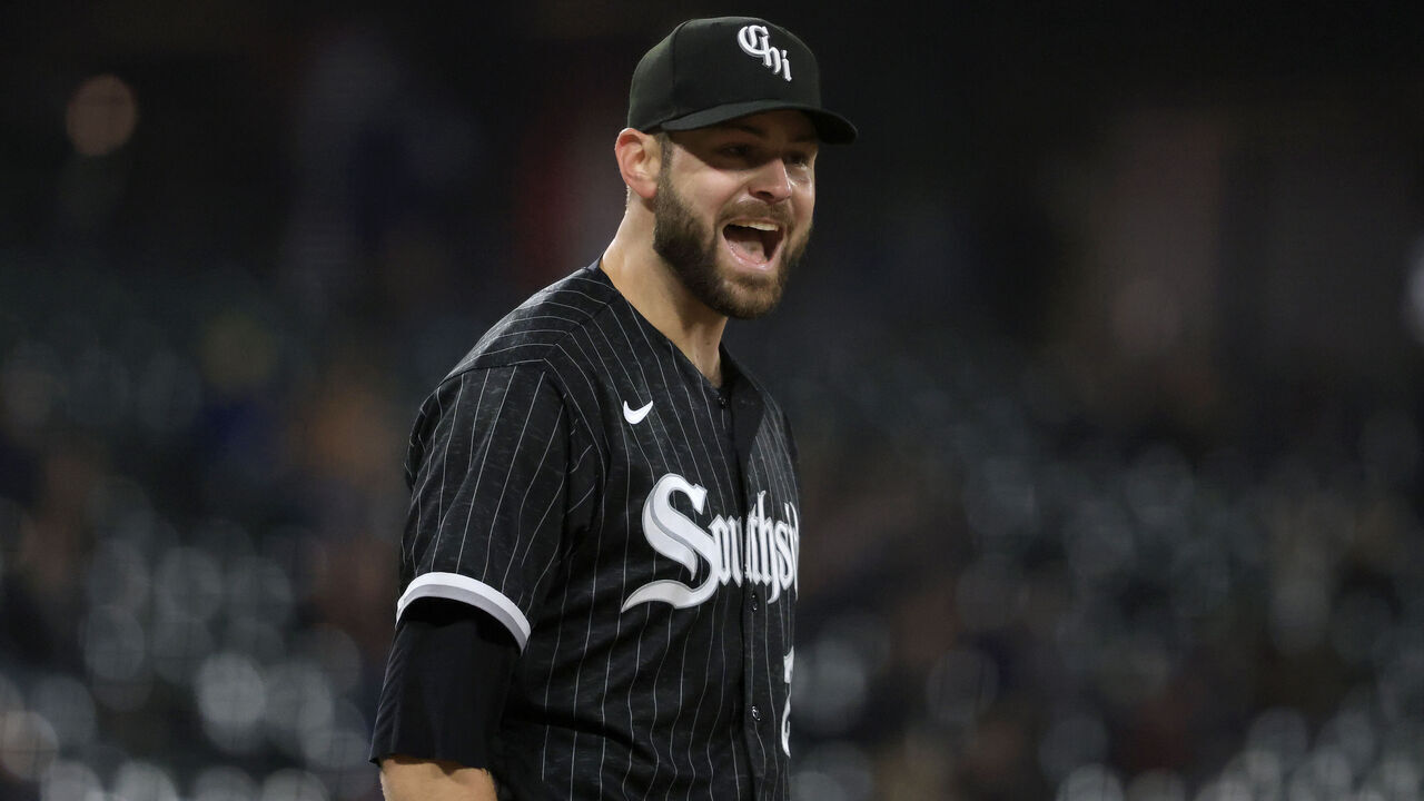 CHICAGO, ILLINOIS - APRIL 18: Lucas Giolito #27 of the Chicago White Sox reacts after a double play in the sixth inning in the game against the Chicago White Sox during game two of a doubleheader at Guaranteed Rate Field on April 18, 2023 in Chicago, Illinois.