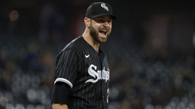CHICAGO, ILLINOIS - APRIL 18: Lucas Giolito #27 of the Chicago White Sox reacts after a double play in the sixth inning in the game against the Chicago White Sox during game two of a doubleheader at Guaranteed Rate Field on April 18, 2023 in Chicago, Illinois.