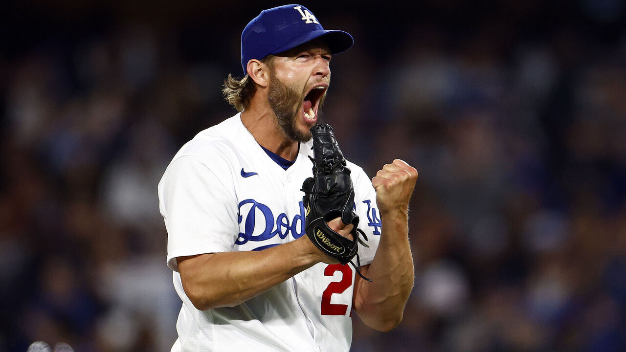 LOS ANGELES, CALIFORNIA - APRIL 18: Clayton Kershaw #22 of the Los Angeles Dodgers reacts after making the third out against the New York Mets in the seventh inning at Dodger Stadium on April 18, 2023 in Los Angeles, California.