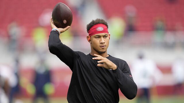 SANTA CLARA, CALIFORNIA - SEPTEMBER 18: Trey Lance #5 of the San Francisco 49ers warms up before the game against the Seattle Seahawks at Levi's Stadium on September 18, 2022 in Santa Clara, California.