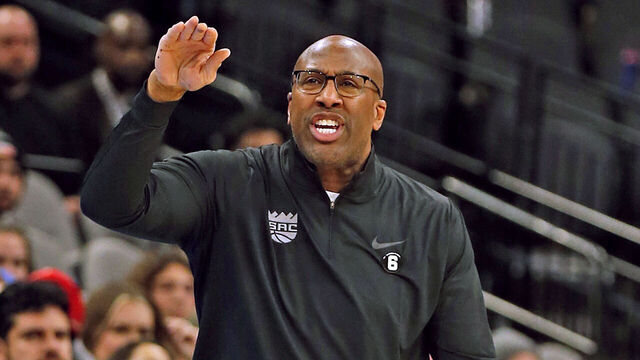 SAN ANTONIO, TX - FEBRUARY 01: Mike Brown head coach of the Sacramento Kings reacts during game against the San Antonio Spurs in the second half at AT&T Center on February 01, 2023 in San Antonio, Texas. NOTE TO USER: User expressly acknowledges and agrees that, by downloading and or using this photograph, User is consenting to terms and conditions of the Getty Images License Agreement.