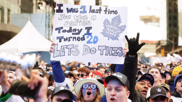TORONTO, ON- APRIL 18 - Fans watch in Maple Leaf Square as the Toronto Maple Leafs play the Tampa Bay Lightning in game 1 of their first round NHL playoff series at Scotiabank Arena in Toronto. April 18, 2023. (Steve Russell/Toronto Star via Getty Images)