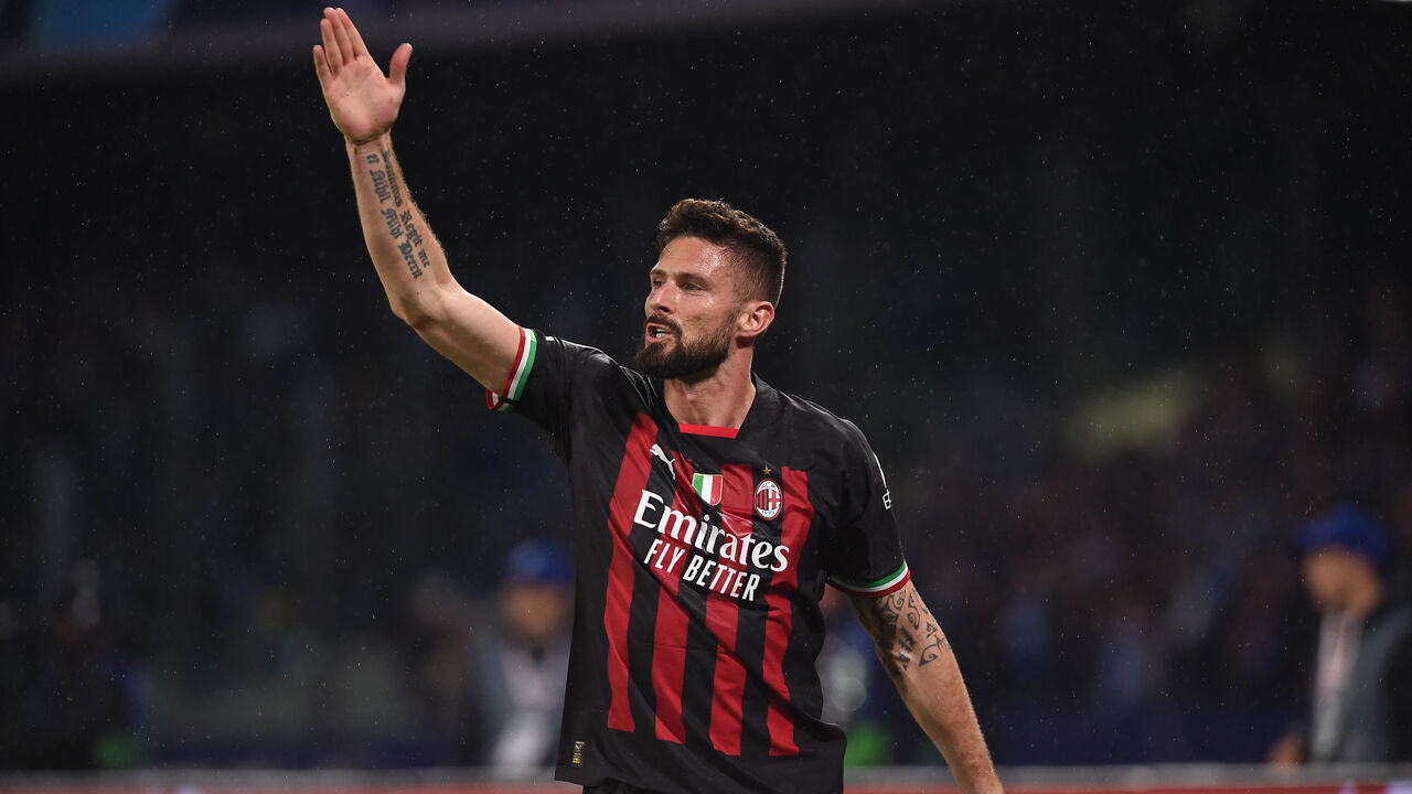 Olivier Giroud of AC Milan during the UEFA Champions League match between SSC Napoli and AC Milan at Stadio Diego Armando Maradona Naples Italy on 18 April 2023.