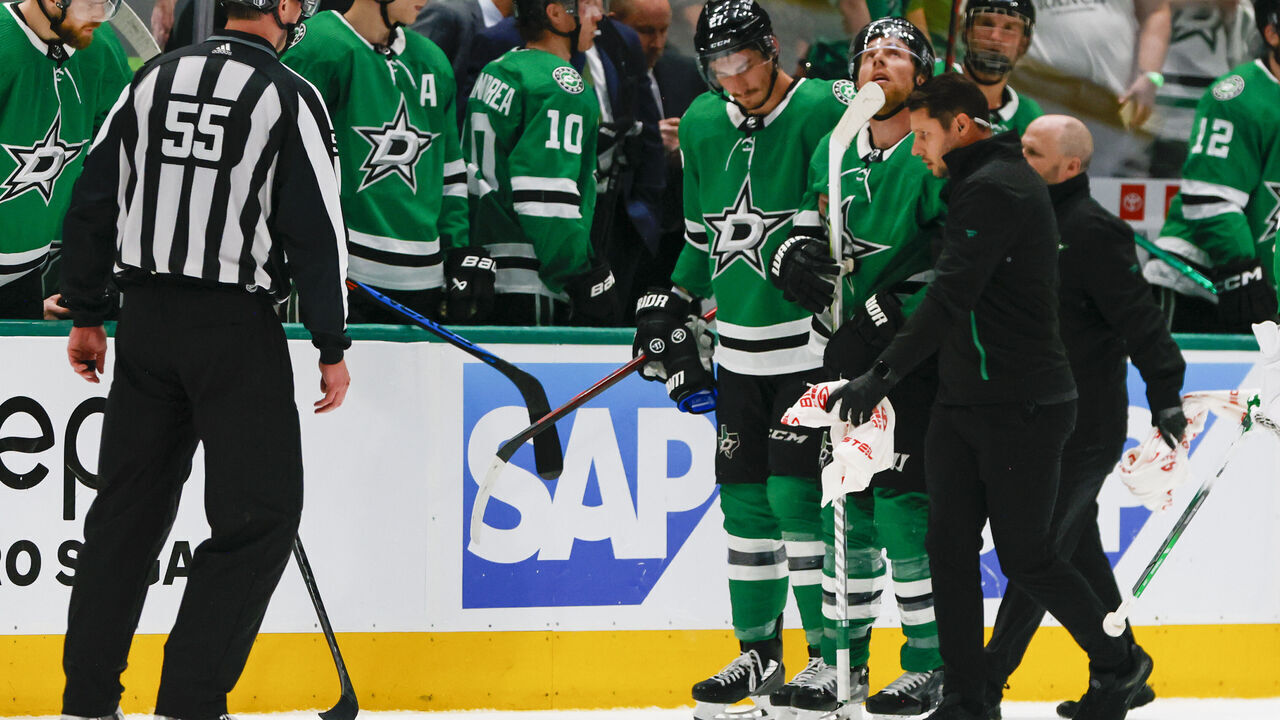 DALLAS, TX - APRIL 17: Dallas Stars center Joe Pavelski (16) is taken off the ice after getting hit in the head during the game between the Dallas Stars and the Minnesota Wild on April 17, 2023 at American Airlines Center in Dallas, Texas.
