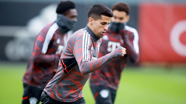 MUNICH, GERMANY - APRIL 18: Joao Cancelo (C) of Bayern Muenchen participates in the FC Bayern Munchen training session ahead of their UEFA Champions League quarterfinal second leg match against Manchester City at Allianz Arena on April 18, 2023 in Munich, Germany.