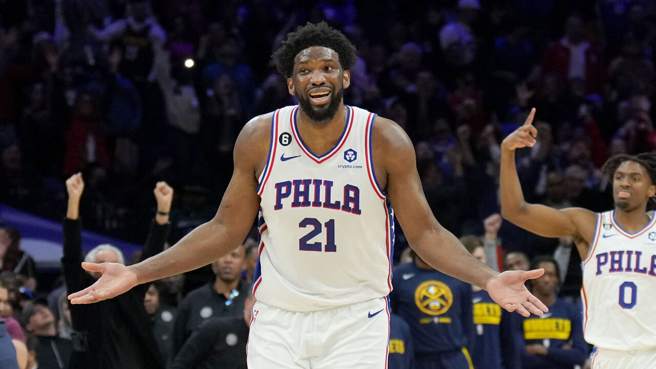 PHILADELPHIA, PA - JANUARY 28: Joel Embiid #21 of the Philadelphia 76ers celebrates a play during the game against the Denver Nuggets on January 28, 2023 at the Wells Fargo Center in Philadelphia, Pennsylvania NOTE TO USER: User expressly acknowledges and agrees that, by downloading and/or using this Photograph, user is consenting to the terms and conditions of the Getty Images License Agreement. Mandatory Copyright Notice: Copyright 2023 NBAE