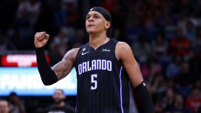NEW ORLEANS, LOUISIANA - FEBRUARY 27: Paolo Banchero #5 of the Orlando Magic celebrates during the second half against the New Orleans Pelicans at the Smoothie King Center on February 27, 2023 in New Orleans, Louisiana.