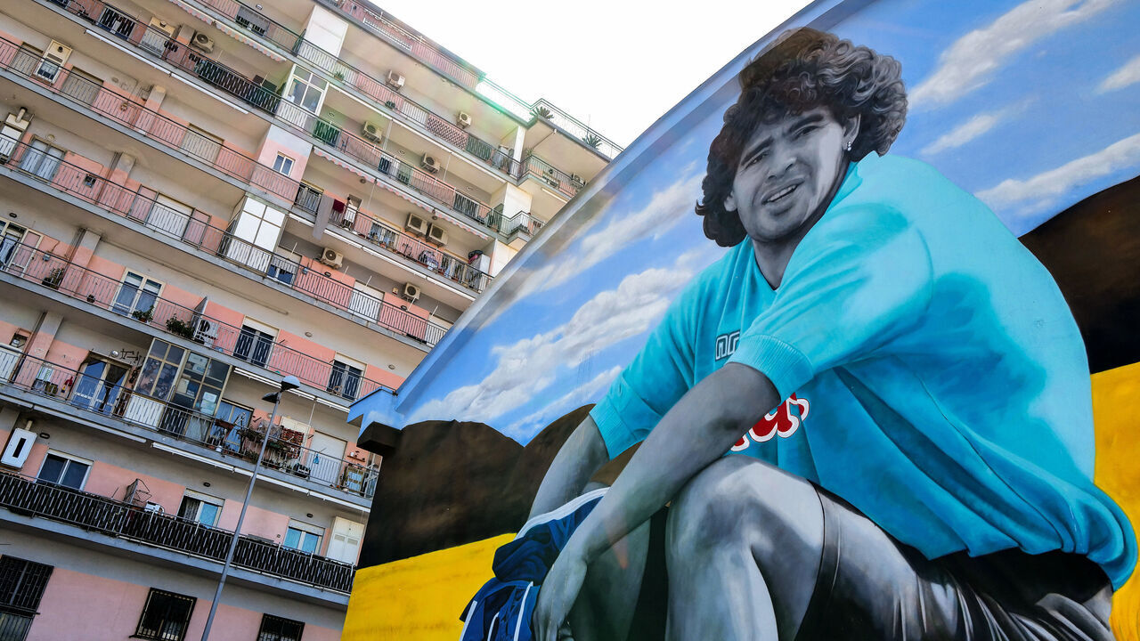 A wall mural depicting Diego Armando Maradona, made by artist Leticia Mandragora, is seen in Gragnano, municipality of the metropolitan city of Naples, the mural depicts the Argentinean champion sitting on a ball in a wheat field. The municipality of Gragnano is world famous for its pasta. Naples, (Italy), March 25th, 2023.