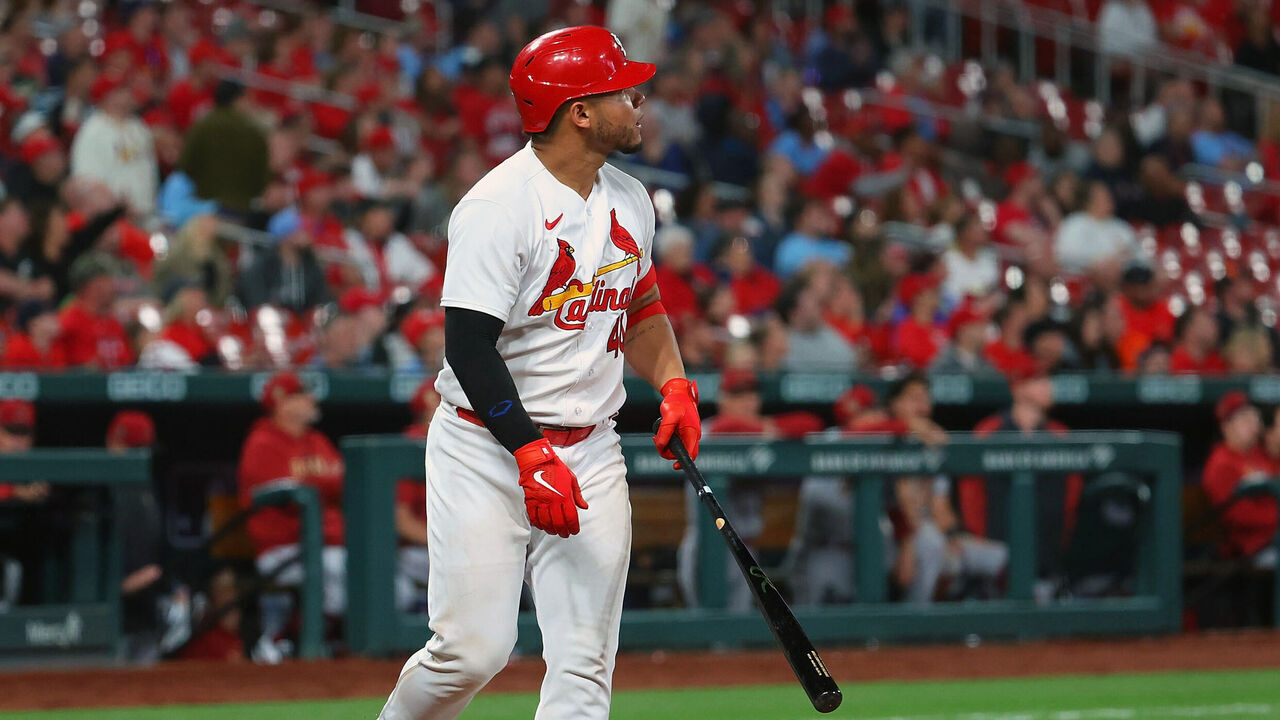 ST LOUIS, MO - APRIL 18: Willson Contreras #40 of the St. Louis Cardinals watches his solo home run leave the field against the Arizona Diamondbacks in the seventh inning at Busch Stadium on April 18, 2023 in St Louis, Missouri.