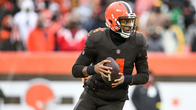 CLEVELAND, OHIO - DECEMBER 24: Deshaun Watson #4 of the Cleveland Browns looks to pass during the second half against the New Orleans Saints at FirstEnergy Stadium on December 24, 2022 in Cleveland, Ohio.