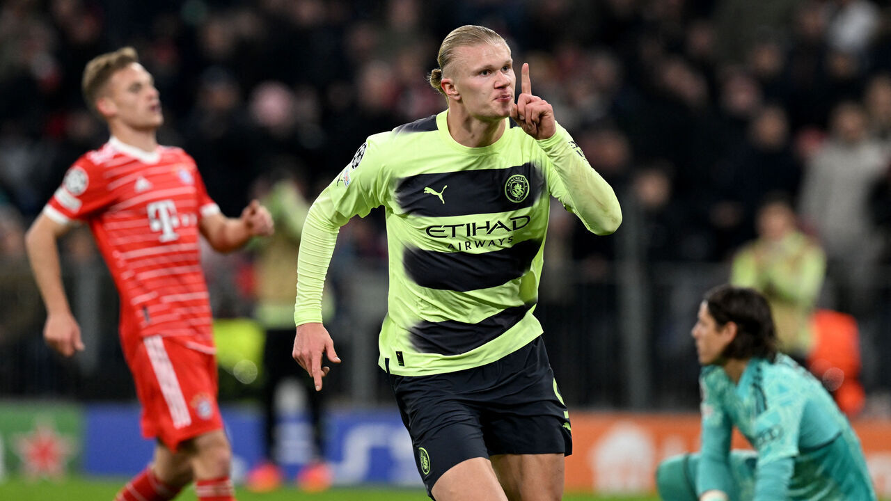 Manchester City's Norwegian striker Erling Haaland celebrates after scoring the 0-1 opening goal during the UEFA Champions League quarter-final, second leg football match between Bayern Munich and Manchester City in Munich, southern Germany on April 19, 2023.