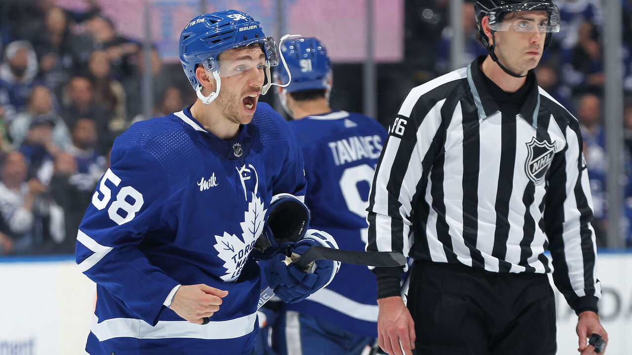 TORONTO, CANADA - APRIL 18: Michael Bunting #58 of the Toronto Maple Leafs reacts to being ejected from the game against the Tampa Bay Lightning during Game One of the First Round of the 2023 Stanley Cup Playoffs at Scotiabank Arena on April 18, 2023 in Toronto, Ontario, Canada.