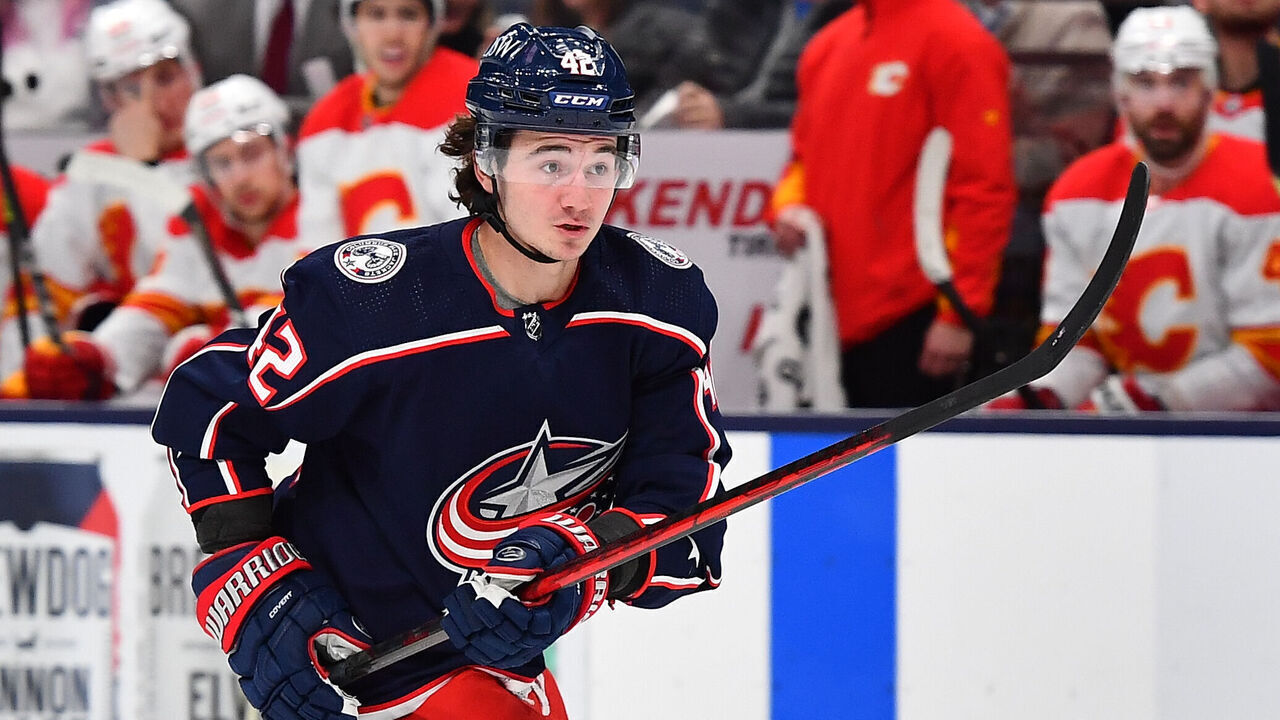 COLUMBUS, OH - JANUARY 26: Alexandre Texier #42 of the Columbus Blue Jackets skates during the first period of a game against the Calgary Flames at Nationwide Arena on January 26, 2022 in Columbus, Ohio.