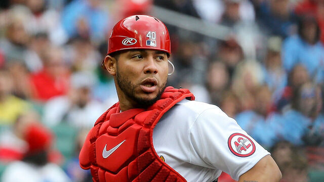 ST. LOUIS, MO - APRIL 16: Willson Contreras #40 of the St. Louis Cardinals looks toward the infield after catching a pop fly during the first inning against the Pittsburgh Pirates at Busch Stadium on April 16, 2023 in St. Louis, Missouri.