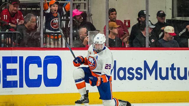 RALEIGH, NORTH CAROLINA - APRIL 19: Brock Nelson #29 of the New York Islanders celebrates after scoring a goal during the third period against the Carolina Hurricanes in Game Two of the First Round of the 2023 Stanley Cup Playoffs at PNC Arena on April 19, 2023 in Raleigh, North Carolina.