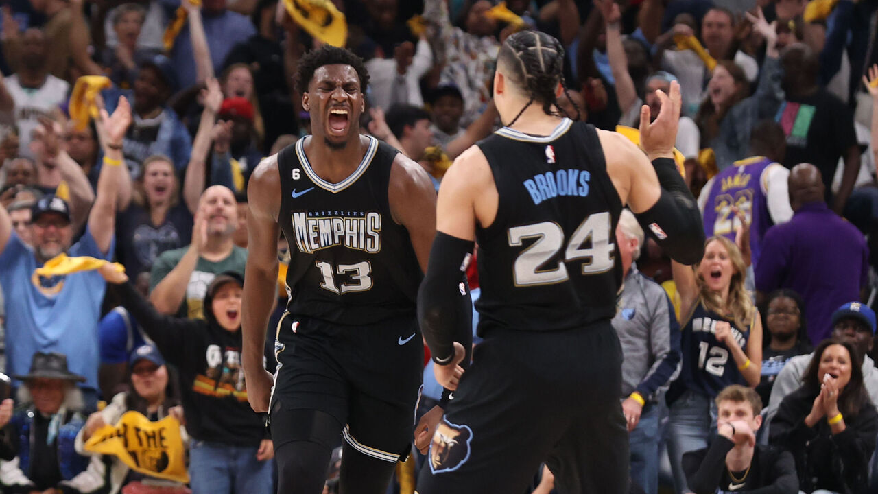 MEMPHIS, TN - APRIL 19: Jaren Jackson Jr. #13 and Dillon Brooks #24 of the Memphis Grizzlies celebrate during the game against the Los Angeles Lakers during Round One Game Two of the 2023 NBA Playoffs on April 19, 2023 at FedExForum in Memphis, Tennessee. Mandatory Copyright Notice: Copyright 2023 NBAE
