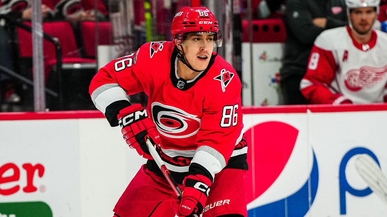 RALEIGH, NORTH CAROLINA - APRIL 11: Teuvo Teravainen #86 of the Carolina Hurricanes skates during the first period against the Detroit Red Wings at PNC Arena on April 11, 2023 in Raleigh, North Carolina.
