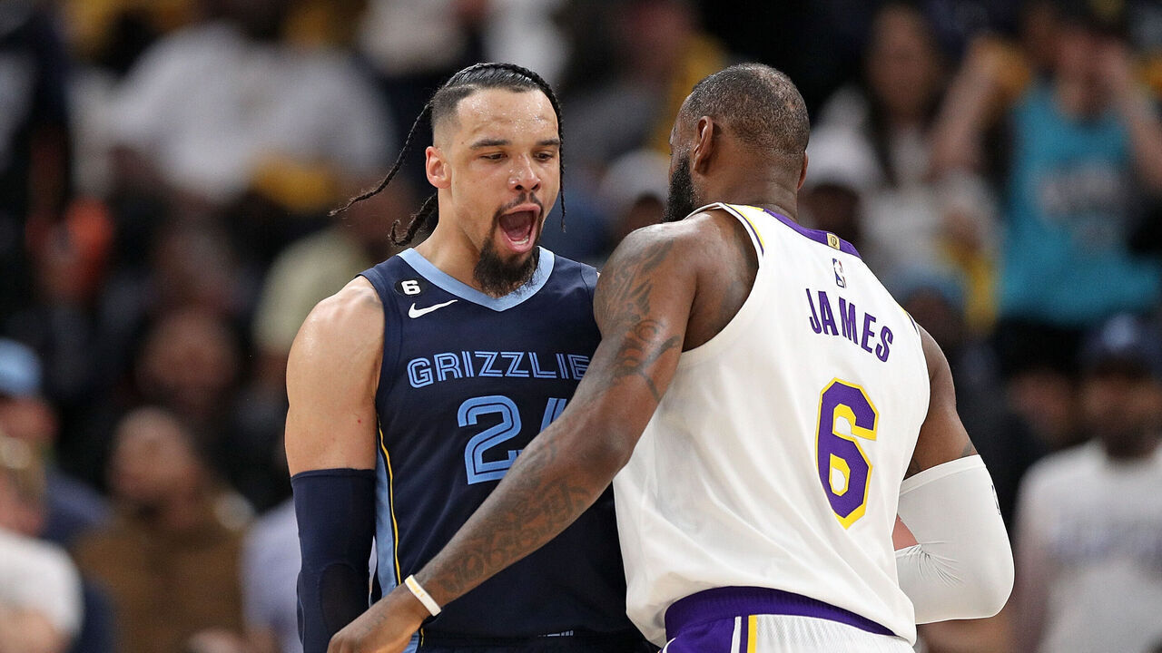 MEMPHIS, TENNESSEE - APRIL 16: Dillon Brooks #24 of the Memphis Grizzlies and LeBron James #6 of the Los Angeles Lakers during Game One of the Western Conference First Round Playoffs at FedExForum on April 16, 2023 in Memphis, Tennessee.