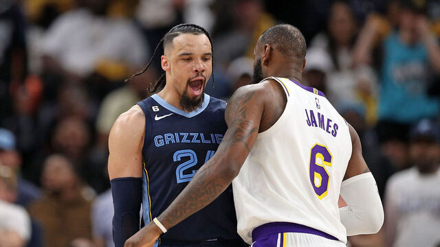 MEMPHIS, TENNESSEE - APRIL 16: Dillon Brooks #24 of the Memphis Grizzlies and LeBron James #6 of the Los Angeles Lakers during Game One of the Western Conference First Round Playoffs at FedExForum on April 16, 2023 in Memphis, Tennessee.