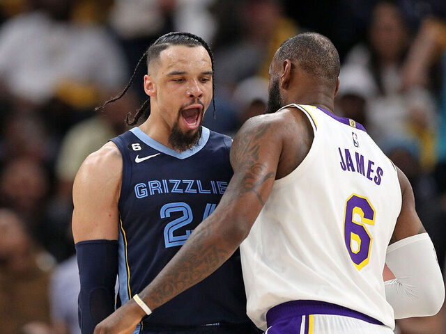 MEMPHIS, TENNESSEE - APRIL 16: Dillon Brooks #24 of the Memphis Grizzlies and LeBron James #6 of the Los Angeles Lakers during Game One of the Western Conference First Round Playoffs at FedExForum on April 16, 2023 in Memphis, Tennessee.