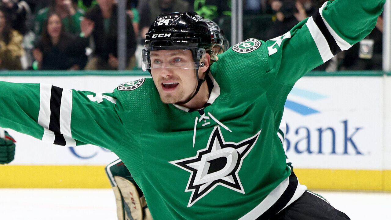 DALLAS, TEXAS - APRIL 19: Roope Hintz #24 of the Dallas Stars celebrates after scoring a goal against Marc-Andre Fleury #29 of the Minnesota Wild in the first period in Game Two of the First Round of the 2023 Stanley Cup Playoffs at American Airlines Center on April 19, 2023 in Dallas, Texas.