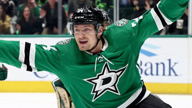 DALLAS, TEXAS - APRIL 19: Roope Hintz #24 of the Dallas Stars celebrates after scoring a goal against Marc-Andre Fleury #29 of the Minnesota Wild in the first period in Game Two of the First Round of the 2023 Stanley Cup Playoffs at American Airlines Center on April 19, 2023 in Dallas, Texas.