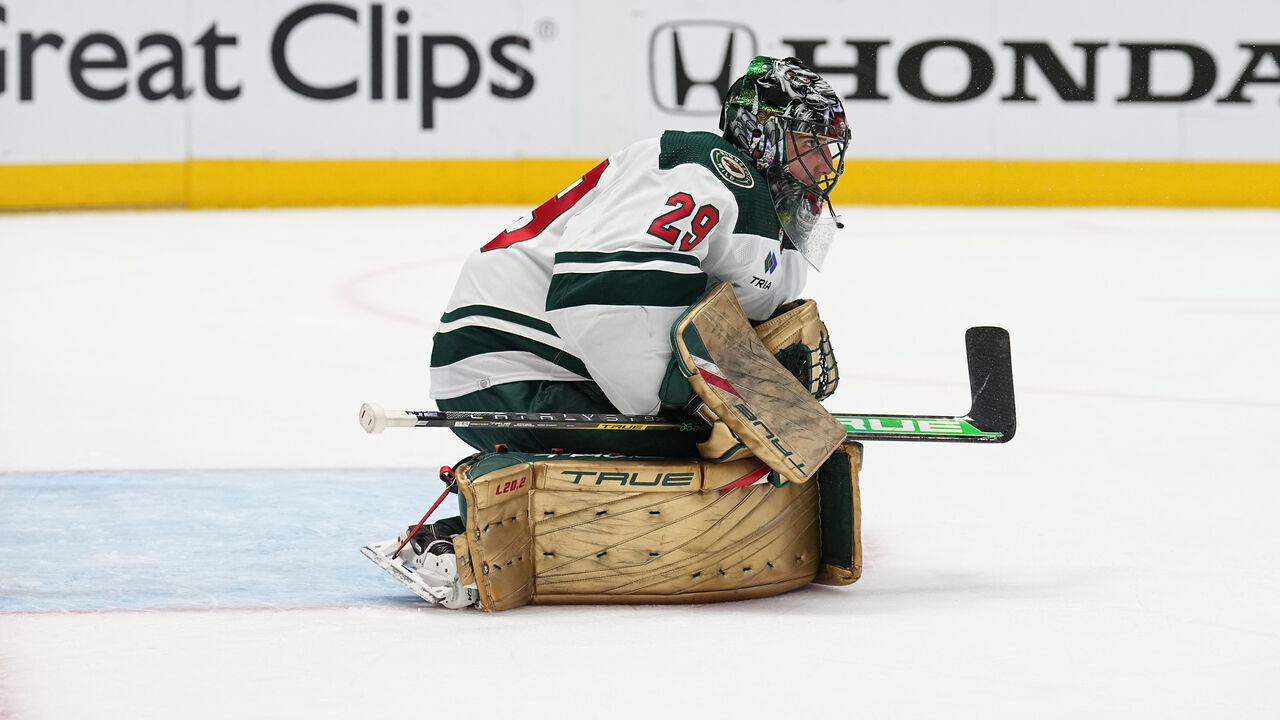 DALLAS, TX APRIL 19: Marc-Andre Fleury #29 of the Minnesota Wild tends goal against the Dallas Stars in Game Two of the First Round of the 2023 Stanley Cup Playoffs at American Airlines Center on April 19, 2023, in Dallas, Texas