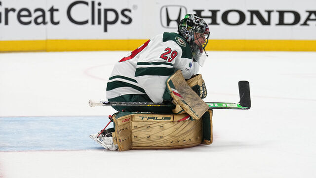 DALLAS, TX APRIL 19: Marc-Andre Fleury #29 of the Minnesota Wild tends goal against the Dallas Stars in Game Two of the First Round of the 2023 Stanley Cup Playoffs at American Airlines Center on April 19, 2023, in Dallas, Texas