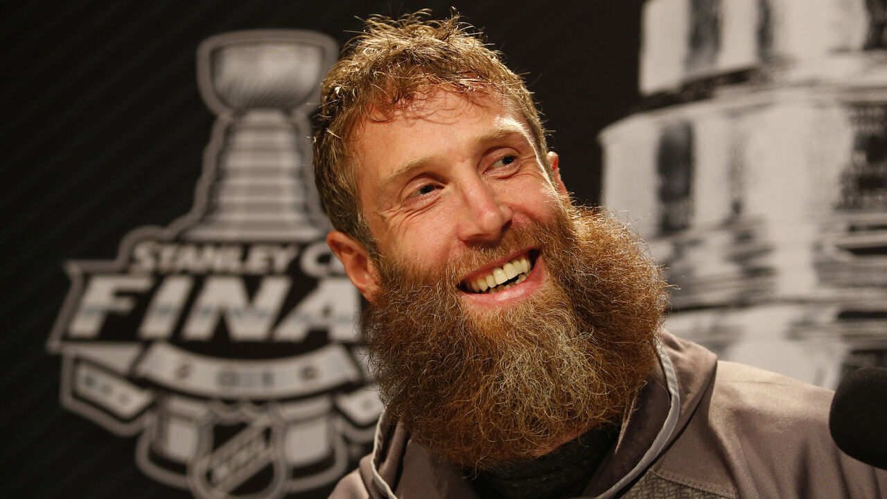 PITTSBURGH, PA - MAY 29: Joe Thornton #19 of the San Jose Sharks addresses the media during the NHL Stanley Cup Final Media Day at Consol Energy Center on May 29, 2016 in Pittsburgh, Pennsylvania.