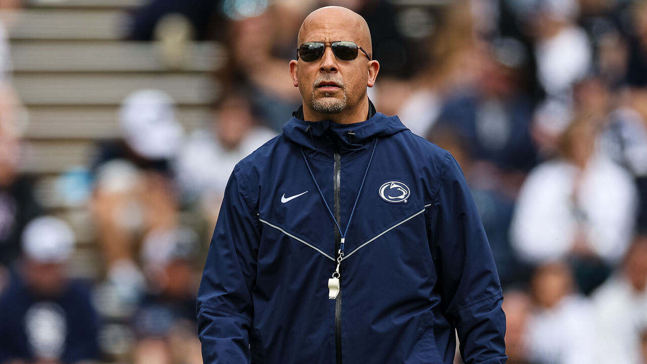 STATE COLLEGE, PA - APRIL 15: Head coach James Franklin of the Penn State Nittany Lions looks on during the Penn State Spring Football Game at Beaver Stadium on April 15, 2023 in State College, Pennsylvania.