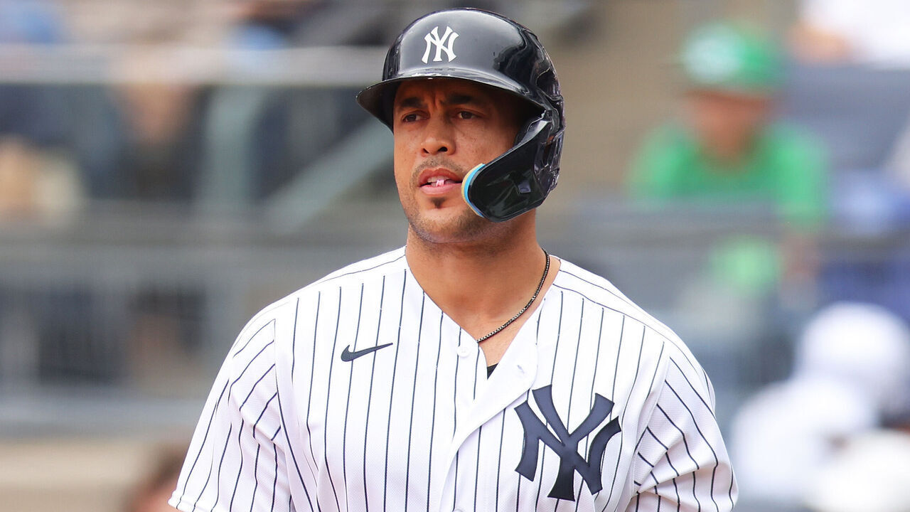BRONX, NEW YORK - APRIL 15: Giancarlo Stanton #27 of the New York Yankees in action against the Minnesota Twins at Yankee Stadium on April 15, 2023 in Bronx, New York. All players are wearing the number 42 in honor of Jackie Robinson Day. New York Yankees defeated the Minnesota Twins 6-1.