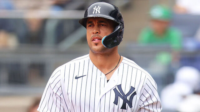BRONX, NEW YORK - APRIL 15: Giancarlo Stanton #27 of the New York Yankees in action against the Minnesota Twins at Yankee Stadium on April 15, 2023 in Bronx, New York. All players are wearing the number 42 in honor of Jackie Robinson Day. New York Yankees defeated the Minnesota Twins 6-1.